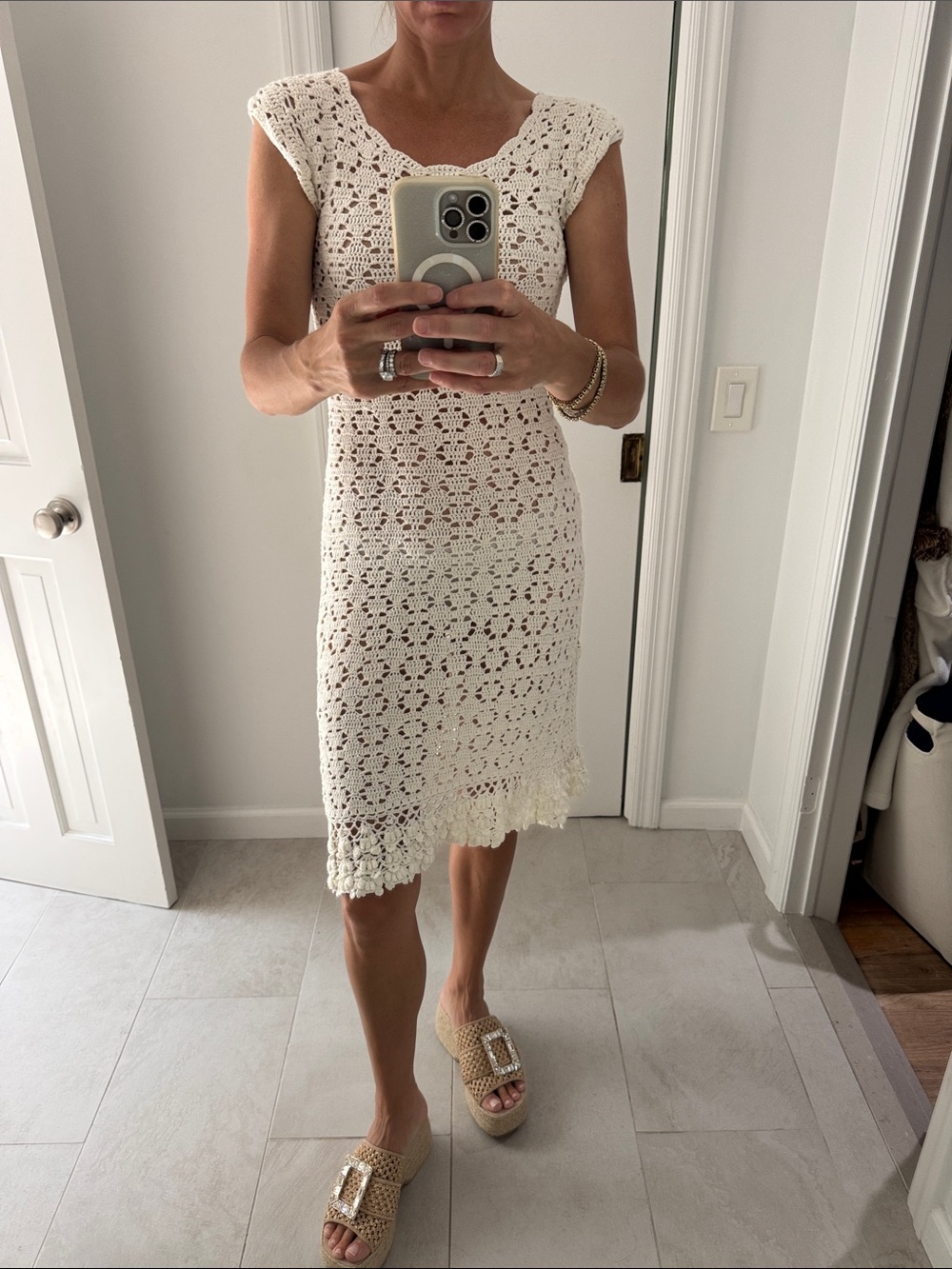 Anthropologie Cream Crochet Midi Dress
